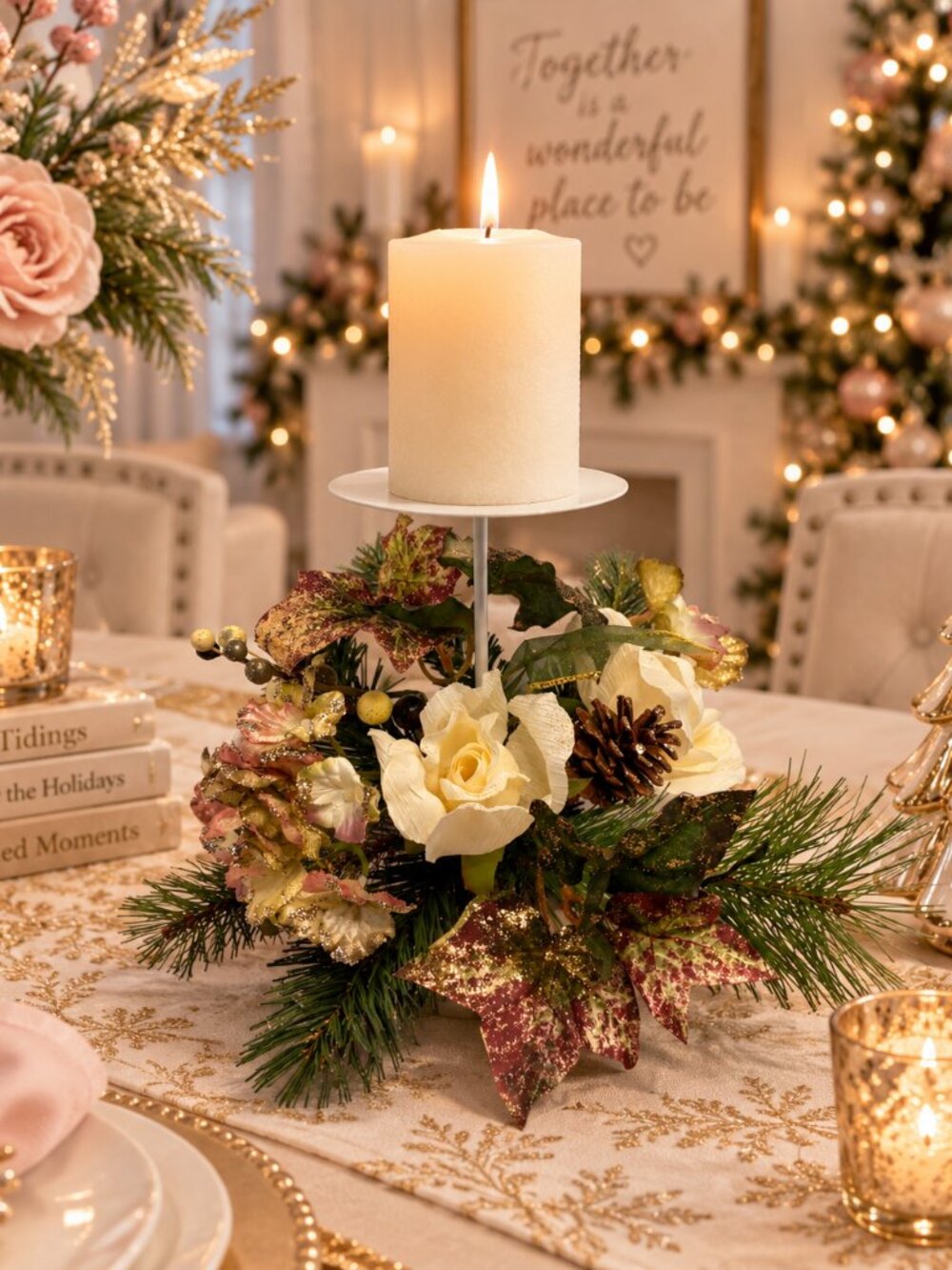 Home & Gift Collection Christmas Floral Pillar Candle Holder Centerpiece w/ Box